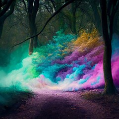 An ethereal forest where colorful swirls of powder paint gracefully dance among the trees, bringing the spirit of Holi to life in a magical and enchanted woodland