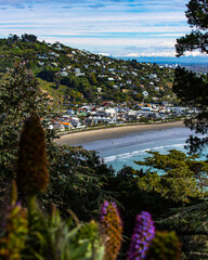 panorama of famous sumner beach in christchurch, canterbury, new zealand; beautiful beach with christchurch city and snow covered mountains in the background - obrazy, fototapety, plakaty