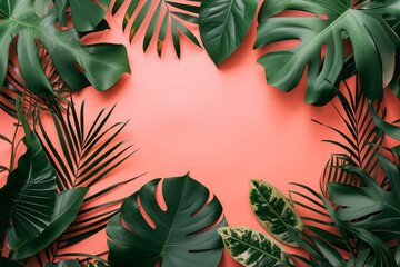 Background made of tropical leaves, foliage with empty space in the middle