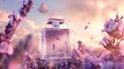 Transparent bottle of perfume on floral and herbal background. Perfume presentation - obrazy, fototapety, plakaty