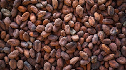 Dried cocoa beans and dried cocoa pods on wooden background