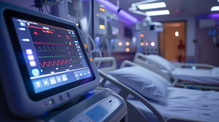 Background of hospital monitor in ward with hospital bed - obrazy, fototapety, plakaty