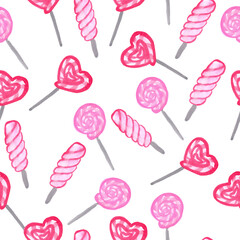 seamless pattern of pink colored lollipops of different sizes base for design for valentine's day