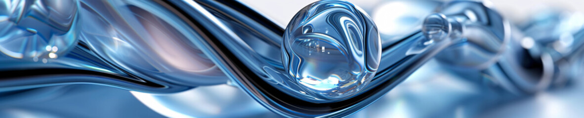Abstract composition with fluid glass-like shapes in various shades of blue, creating a visually...