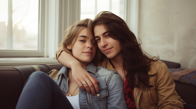 Queer couple snuggling, smiling and posing for the camera