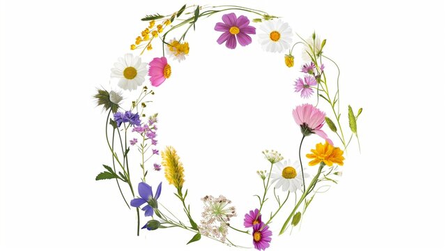 Wildflowers and green grass, bround circular arrangement of field wild flowers on white