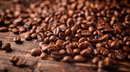 Coffee riot of coffee beans, coffee powder on dark wooden desk