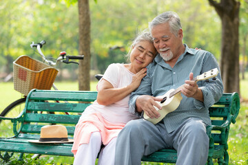 senior couple in love and playing ukulele in the park - obrazy, fototapety, plakaty