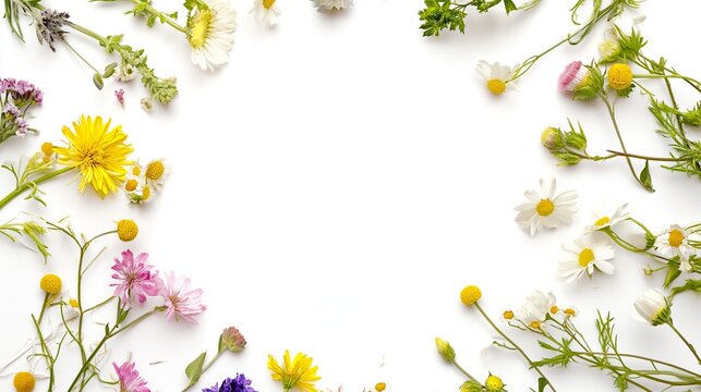 Wildflowers and green grass, bround circular arrangement of field wild flowers on white
