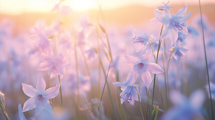 delicate soft pastel blue flowers in the morning mist, light blue irises on a wild field in the pink tones of spring - obrazy, fototapety, plakaty