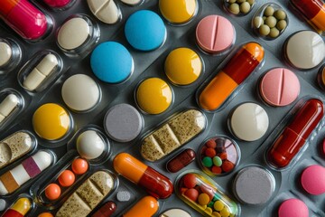 Medicine, pills, capsules, treatment and medication for illnesses. Pharmaceutical healthcare drugs, vitamins antibiotics. Health care in hospitals and pharmacies. White tablets risks in medical care.