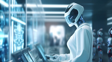 Medical technology, doctor use AI robots for diagnosis, care, and increasing accuracy patient treatment in future. Medical research and development innovation technology to improve pat. generative AI.