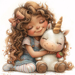 Cute girl with curly hair with a shiny bow, in a menthol T-shirt with strawberries, skirt with pockets, striped tights and shoes with clasps, hugging a big Cute Unicorn