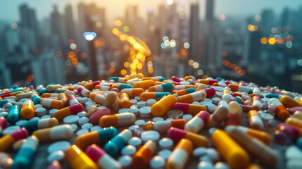Pills and capsules on city background. Big Pharma illustration. Urban theme in pharmaceutical industry
 - obrazy, fototapety, plakaty