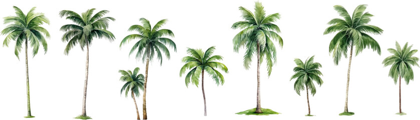 Set of watercolor coconut trees on transparent background. - obrazy, fototapety, plakaty