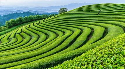 Fotobehang Lush green tea plantation in Asia, showcasing the beauty and tranquility of agricultural landscapes in a mountainous rural setting © MdIqbal