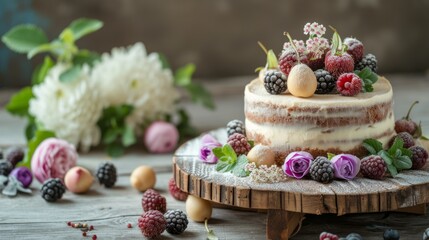 handmade natural cake showcased on a pastel background.