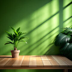green plant on wooden table with shadow, generative ai