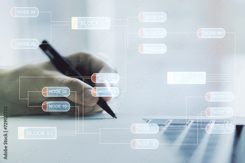 Poster Double exposure of abstract creative programming illustration and hand writing in notepad on background with laptop, big data and blockchain concept