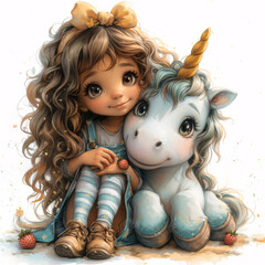 Cute girl with curly hair with a shiny bow, in a menthol T-shirt with strawberries, skirt with pockets, striped tights and shoes with clasps, hugging a big Cute Unicorn