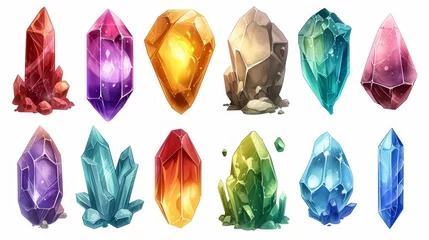Foto op Plexiglas Set of fantasy colored gems for games. Diamonds with different cuts, fantasy mystic style. Isolated jewels, diamonds gem set © nataliia_ptashka