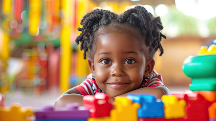 cute smilling child playing with blocks daycare background  - obrazy, fototapety, plakaty