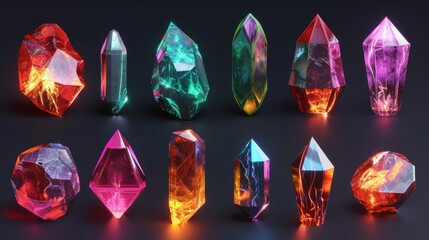Fototapeta premium Set of fantasy colored gems for games. Diamonds with different cuts, fantasy mystic style. Isolated jewels, diamonds gem set