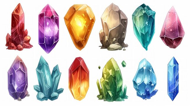 Set of fantasy colored gems for games. Diamonds with different cuts, fantasy mystic style. Isolated jewels, diamonds gem set