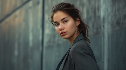 Fototapeta premium Half-body portrait of a businesswoman with long dark brown hair tied up in a grey blazer, standing looking at the camera. The background is in front of a grey building wall. Ai Generated.