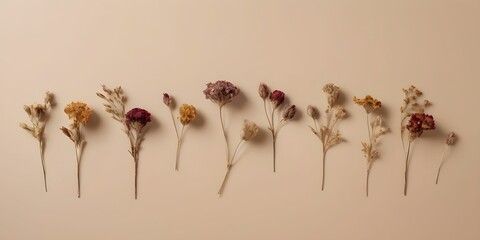A minimalistic composition of dried flowers on a beige background