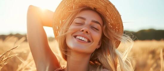 Vintage styled European woman with blonde tan embracing a joyful and natural life.