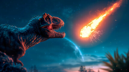 A  tyrannosaurus rex looks up to the sky at an asteroid / comet is about to crash into earth and cause a mass extinction - obrazy, fototapety, plakaty