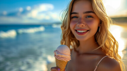 Beautiful smiling young woman eating an ice cream on a beach with the sea in the background