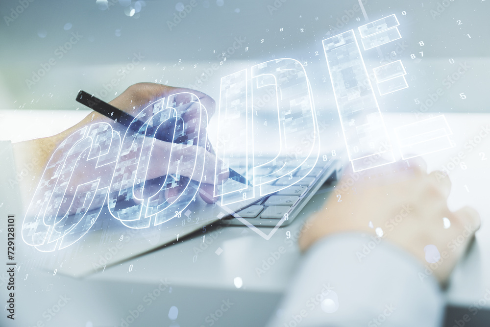 Poster creative code word sign and hand writing in notepad on background with laptop, international softwar