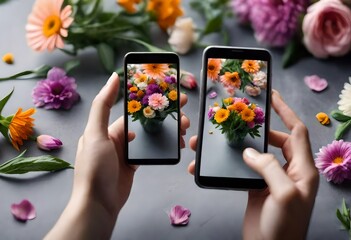 hands holding a tablet with flowers