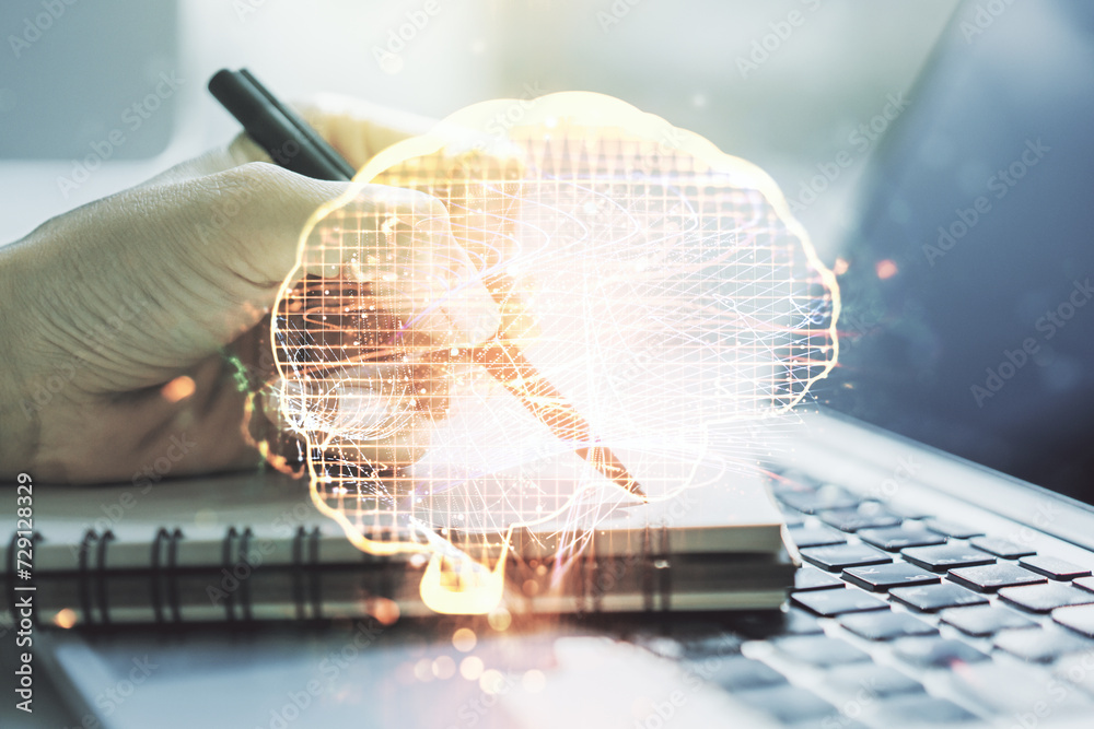 Poster double exposure of creative artificial intelligence symbol with hand writing in notebook on backgrou