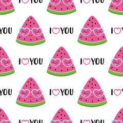 seamless pattern with cute watermelon and lettering i love you, flat cartoon style, can be used as wallpaper, wrapping paper, textile, valentines print