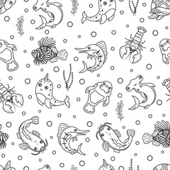 black and white seamless pattern with ocean fishes, vector background with hammerhead fish, catfish, manatee, swordfish, lionfish, turtle and lobster, flat style