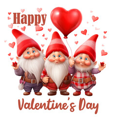 Gnome Happy Valentines Day PNG Sublimation Design Three valentine gnomes with heart shaped balloons illustration in red and pink colors isolated on transparent background