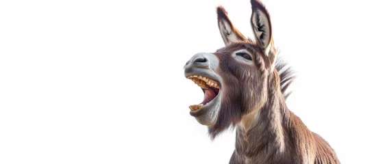 Foto auf Acrylglas Funny animals banner panorama long - Standing, laughing brown donkey with mouth opened, isolated on white background © Corri Seizinger