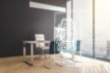 Abstract creative fingerprint illustration and modern desktop with pc on background, personal biometric data concept. Multiexposure