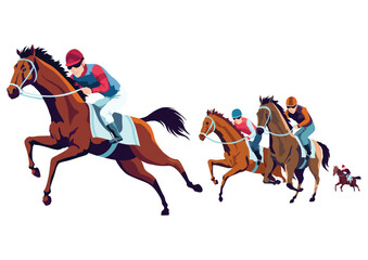 Jockeys riding racehorses on a fast speed, flat style vector illustration. Horse racing tournament