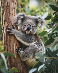 Fototapeta premium A cute koala perched in a eucalyptus tree
