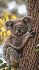 A cute koala perched in a eucalyptus tree