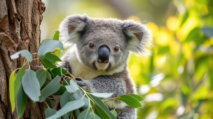 A cute koala perched in a eucalyptus tree