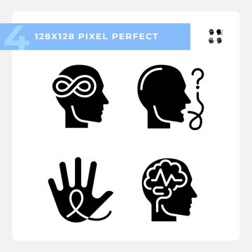 Neurology diseases black glyph icons set on white space. Neurological illness. Intellectual disability, brain damage. Silhouette symbols. Solid pictogram pack. Vector isolated illustration