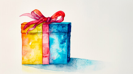 free space on the left corner for title banner with A wrapped birthday present square box, with one side bright cyan, the other side bright yellow, and the top magenta, with a red ribbon on top, , abs