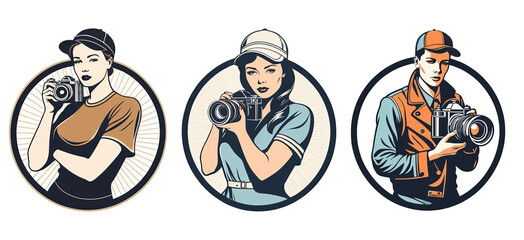 Set of 3 modern retro women photographer badge, creative diverse people, camera, gender neutral person, androginous