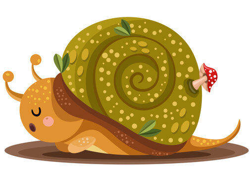 cute snail with green shell and mushroom clip art preview