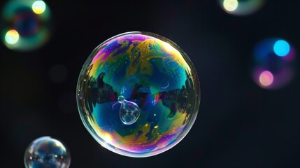 Fototapeta premium Closeup of a shiny soap bubbles with reflection on black background